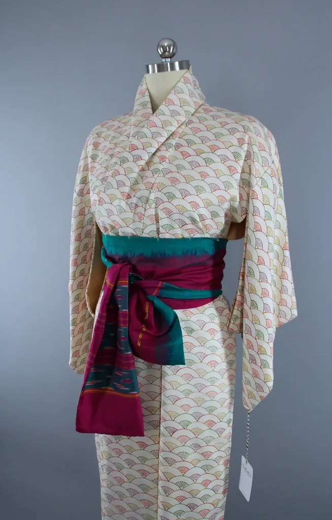 1960s Vintage Silk Kimono Robe / Ivory Seigaiha Fans Print