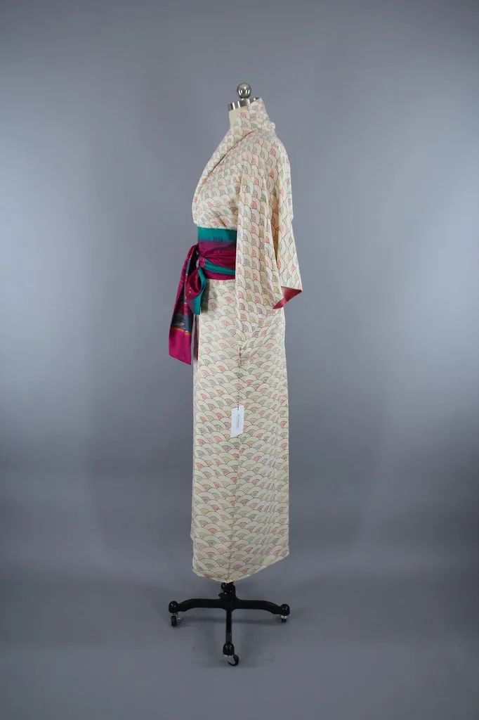 1960s Vintage Silk Kimono Robe / Ivory Seigaiha Fans Print