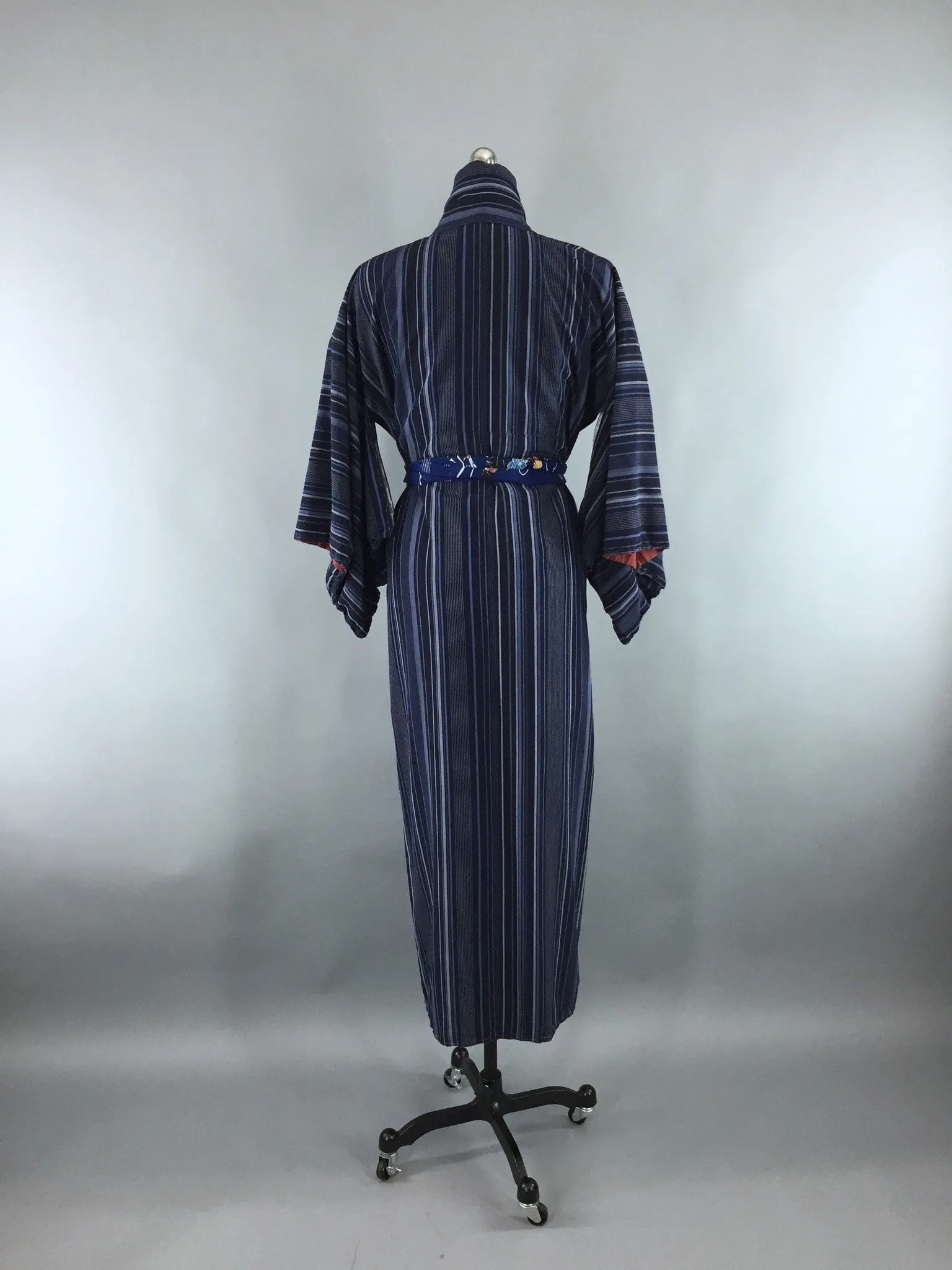 1960s Vintage Silk Kimono Robe with Blue Stripes