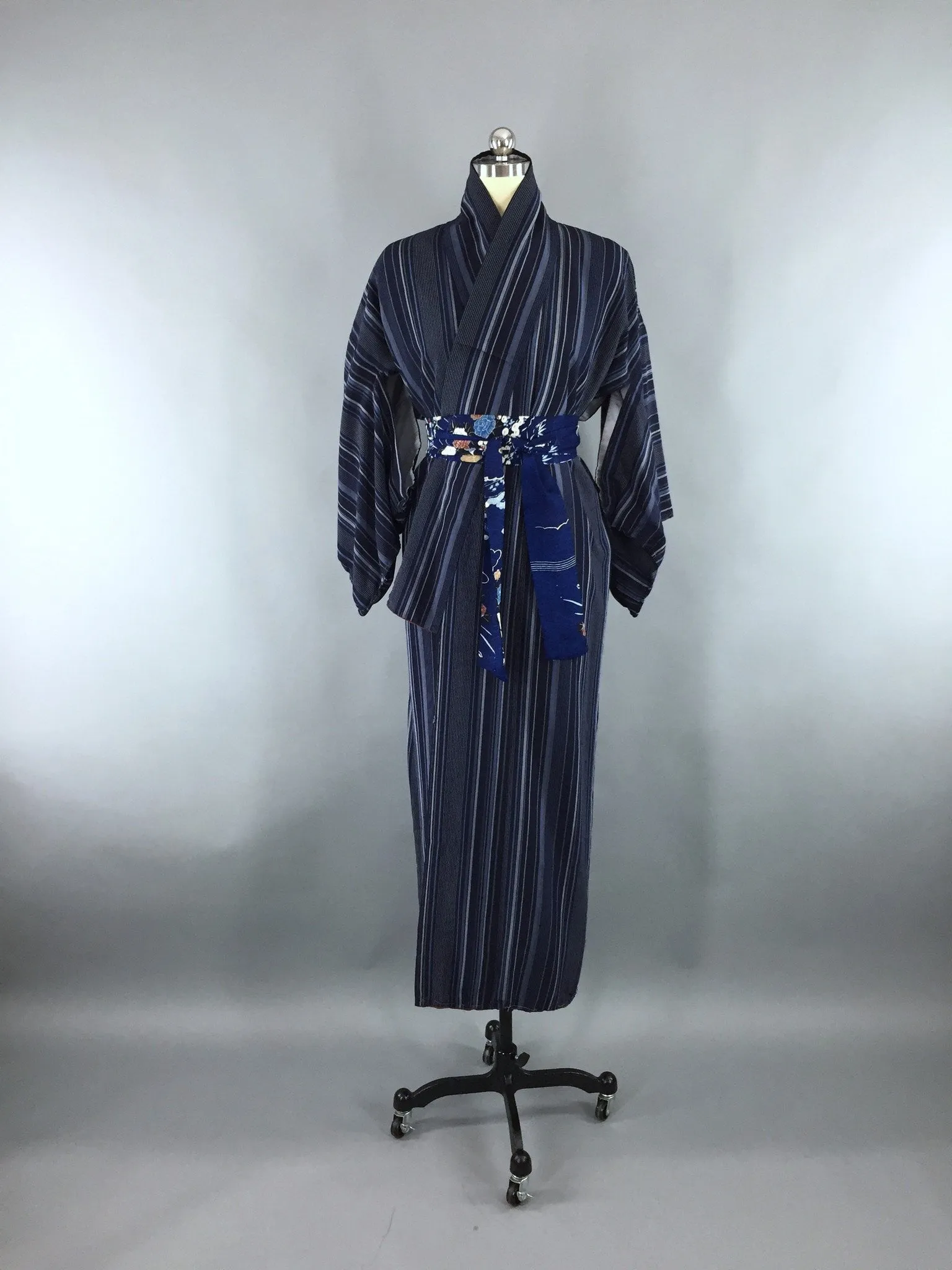 1960s Vintage Silk Kimono Robe with Blue Stripes