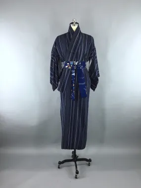 1960s Vintage Silk Kimono Robe with Blue Stripes