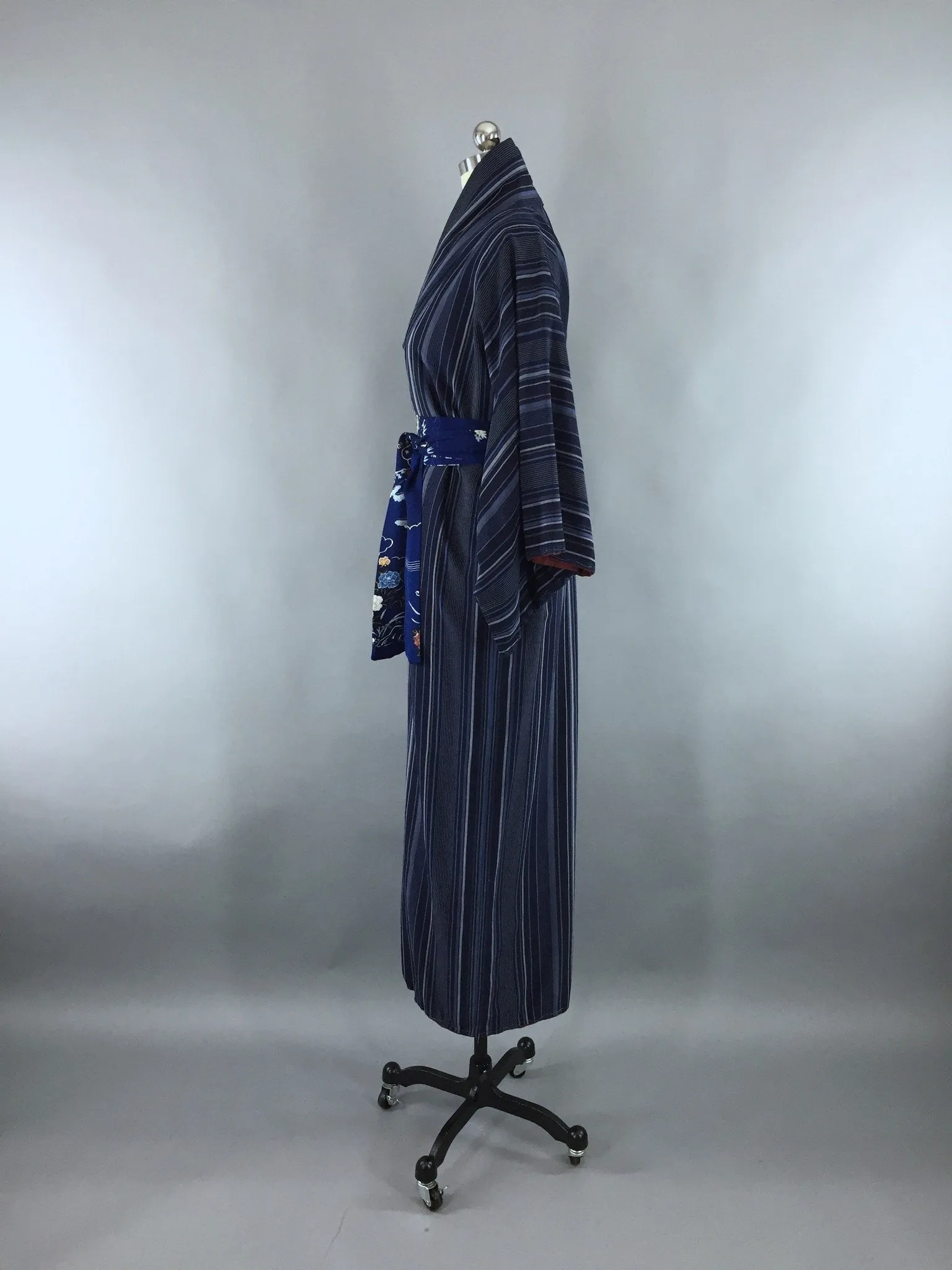 1960s Vintage Silk Kimono Robe with Blue Stripes