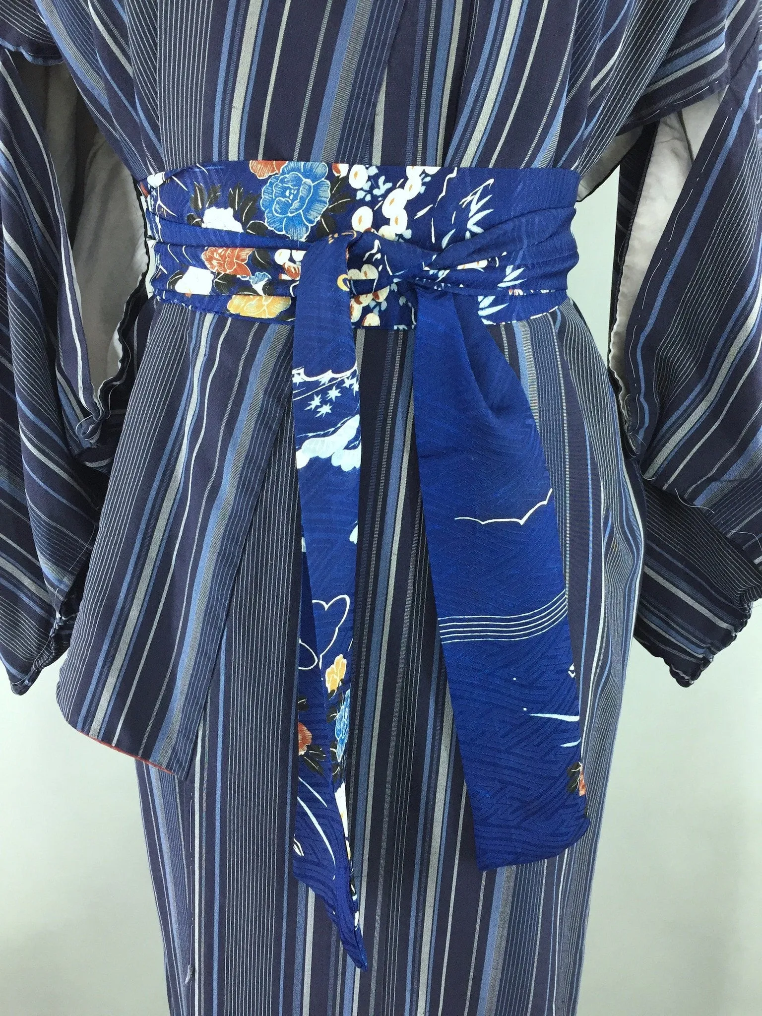 1960s Vintage Silk Kimono Robe with Blue Stripes