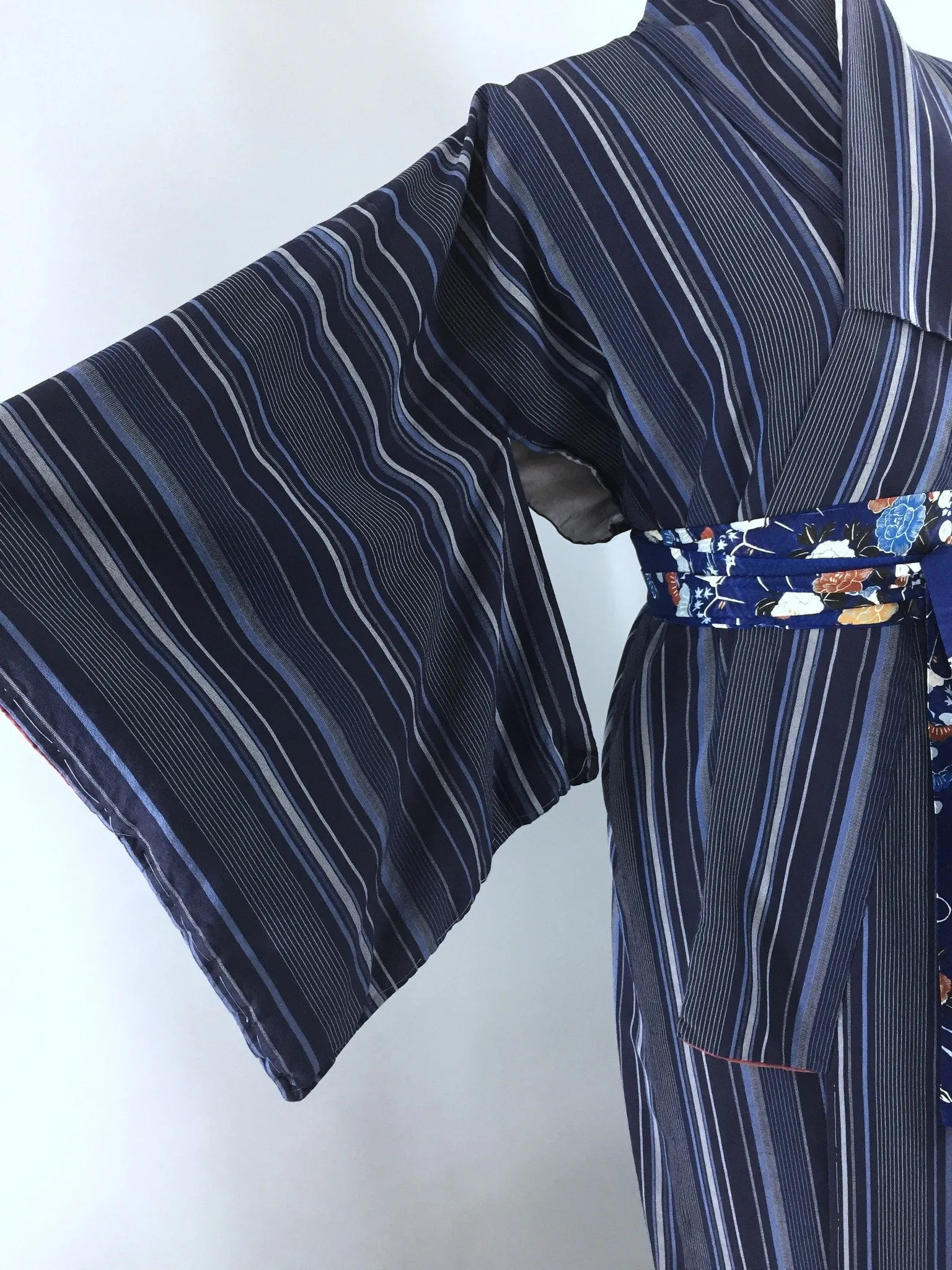 1960s Vintage Silk Kimono Robe with Blue Stripes