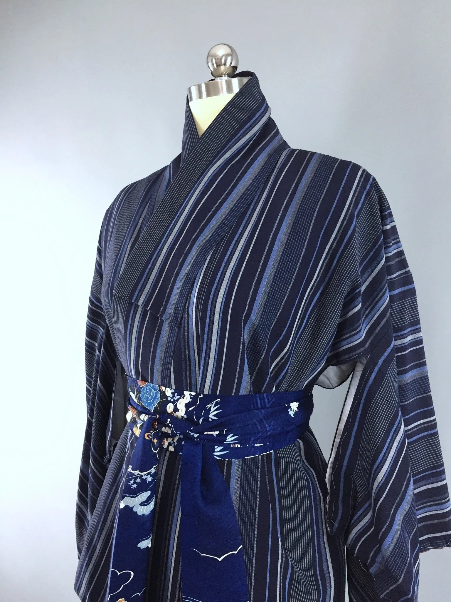 1960s Vintage Silk Kimono Robe with Blue Stripes