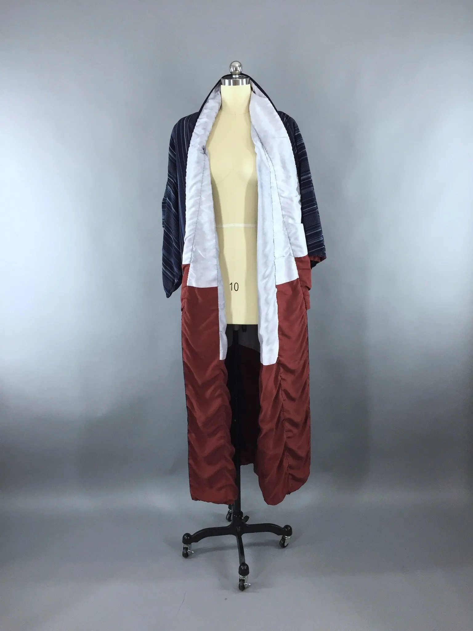1960s Vintage Silk Kimono Robe with Blue Stripes