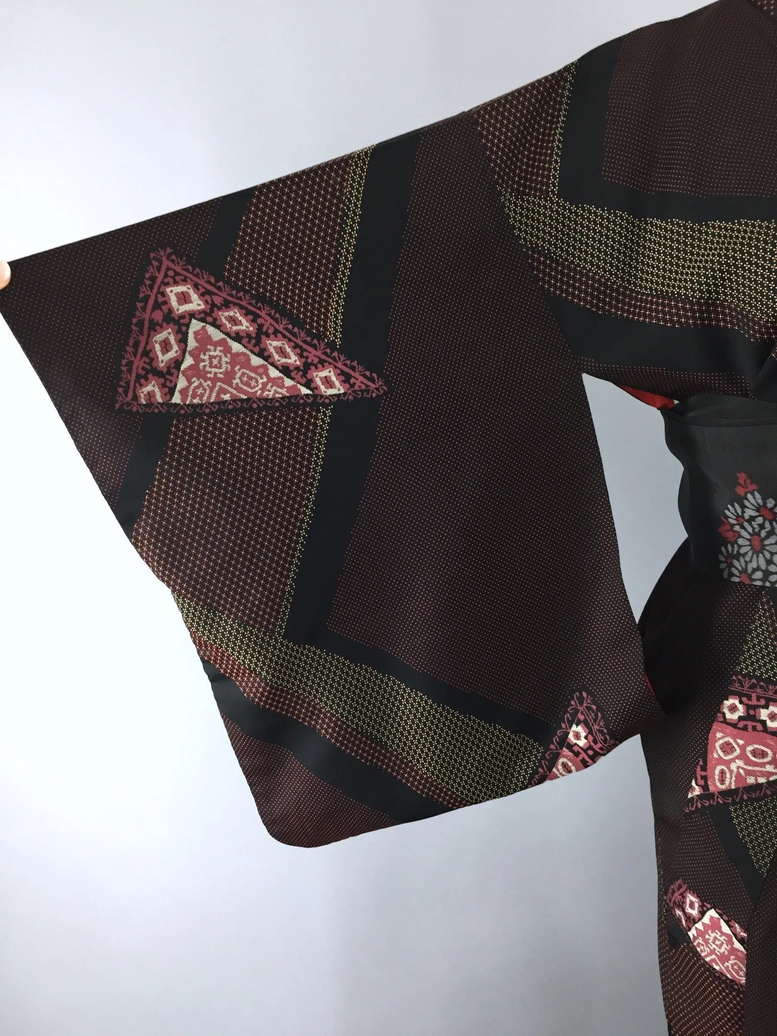 1960s Vintage Silk Kimono Robe with Formal Black and Red Floral Embroidery