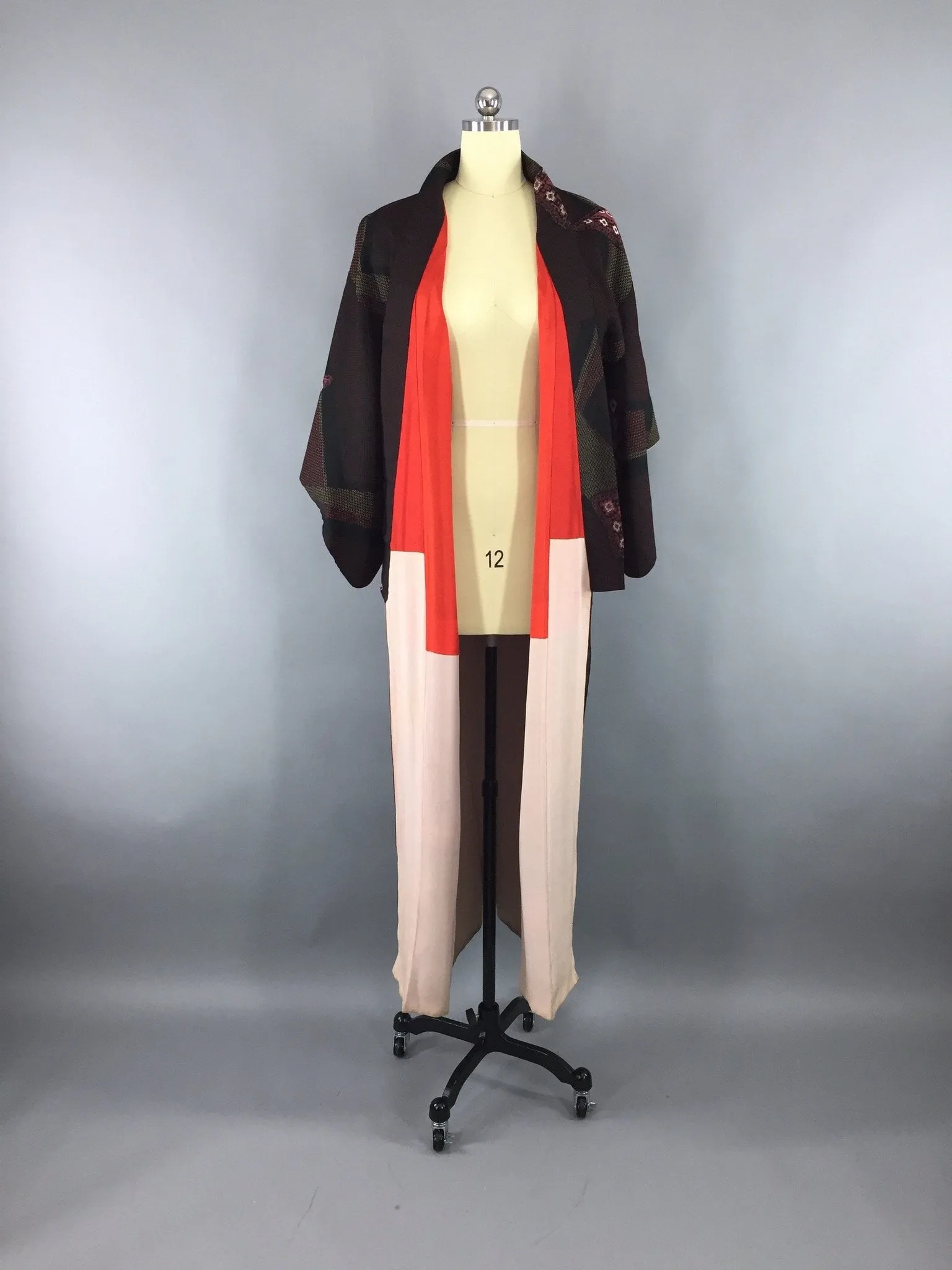 1960s Vintage Silk Kimono Robe with Formal Black and Red Floral Embroidery