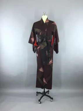 1960s Vintage Silk Kimono Robe with Formal Black and Red Floral Embroidery