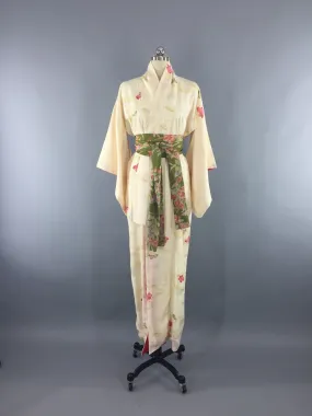 1970s Vintage Kimono Robe with Ivory and Pink Leaves Floral Print