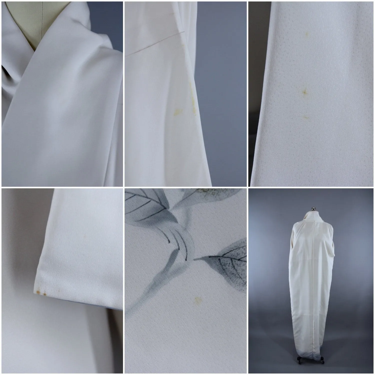 1970s Vintage Kimono Robe with Off-White & Dove Grey Floral Print