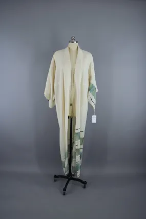 1970s Vintage Silk Kimono Robe / Ivory & Blue Green Watercolor
