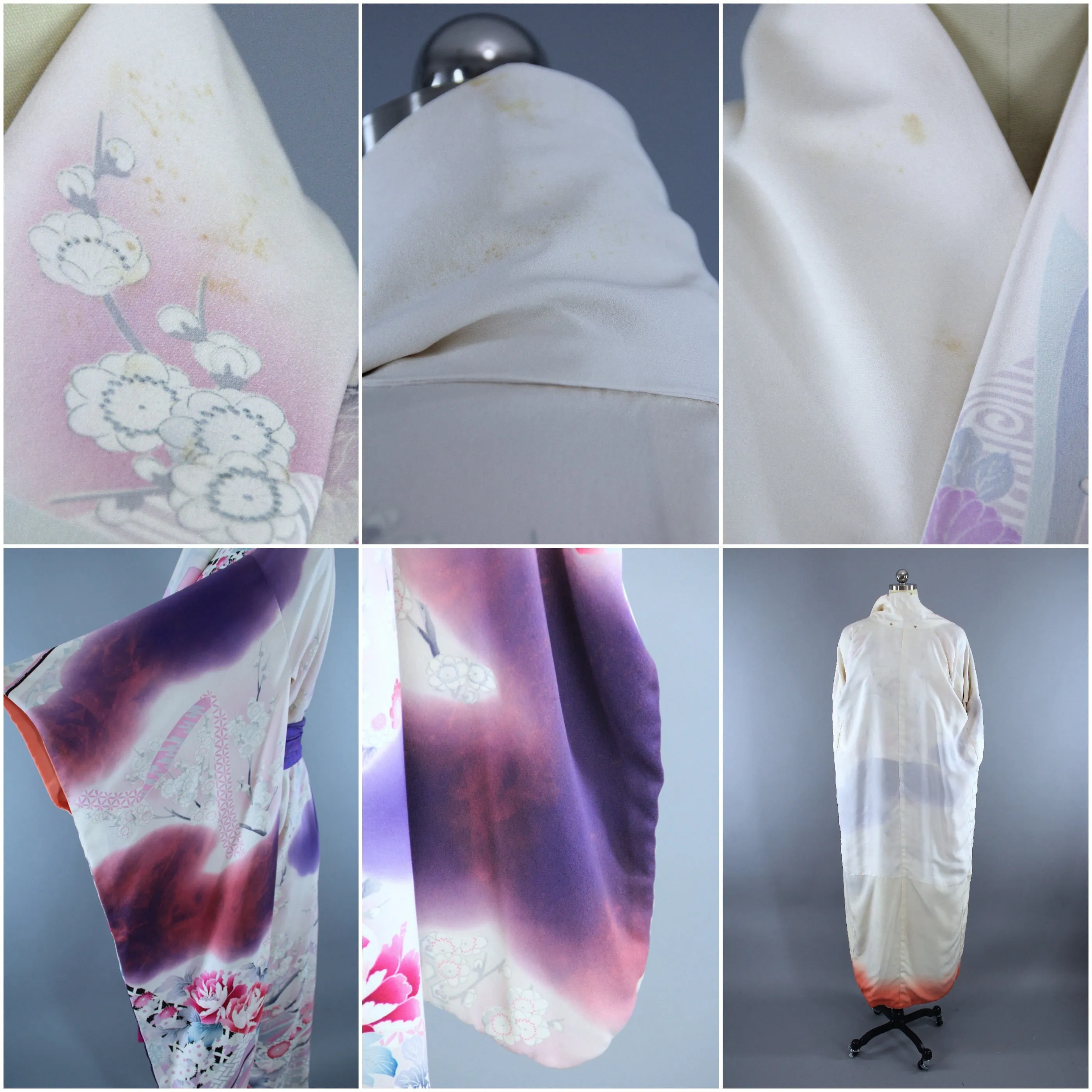 1980s Vintage Silk Kimono Robe / Purple & White Floral Furisode