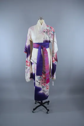 1980s Vintage Silk Kimono Robe / Purple & White Floral Furisode