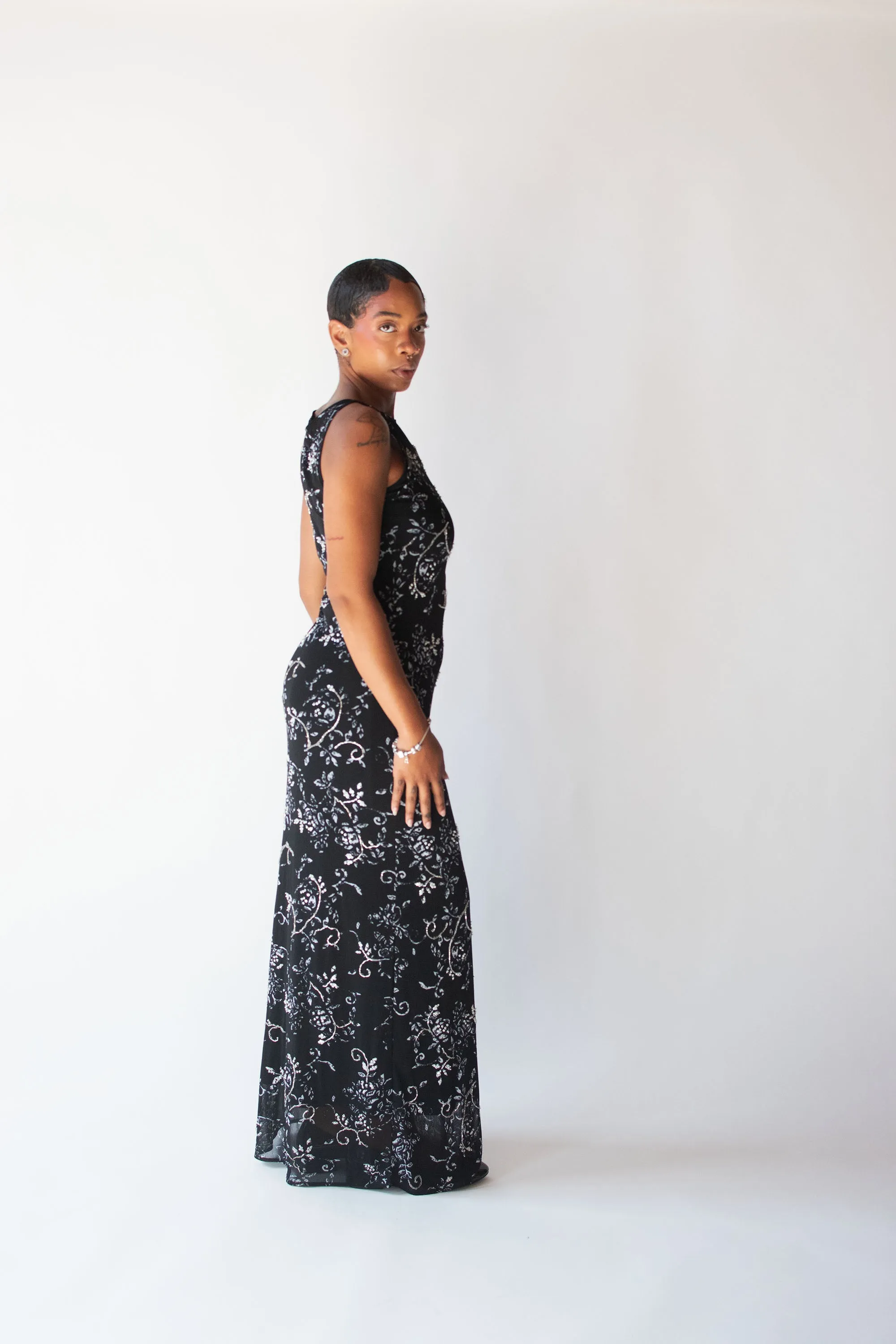 1990s Black and white Beaded Mesh Dress | Vivienne Tam