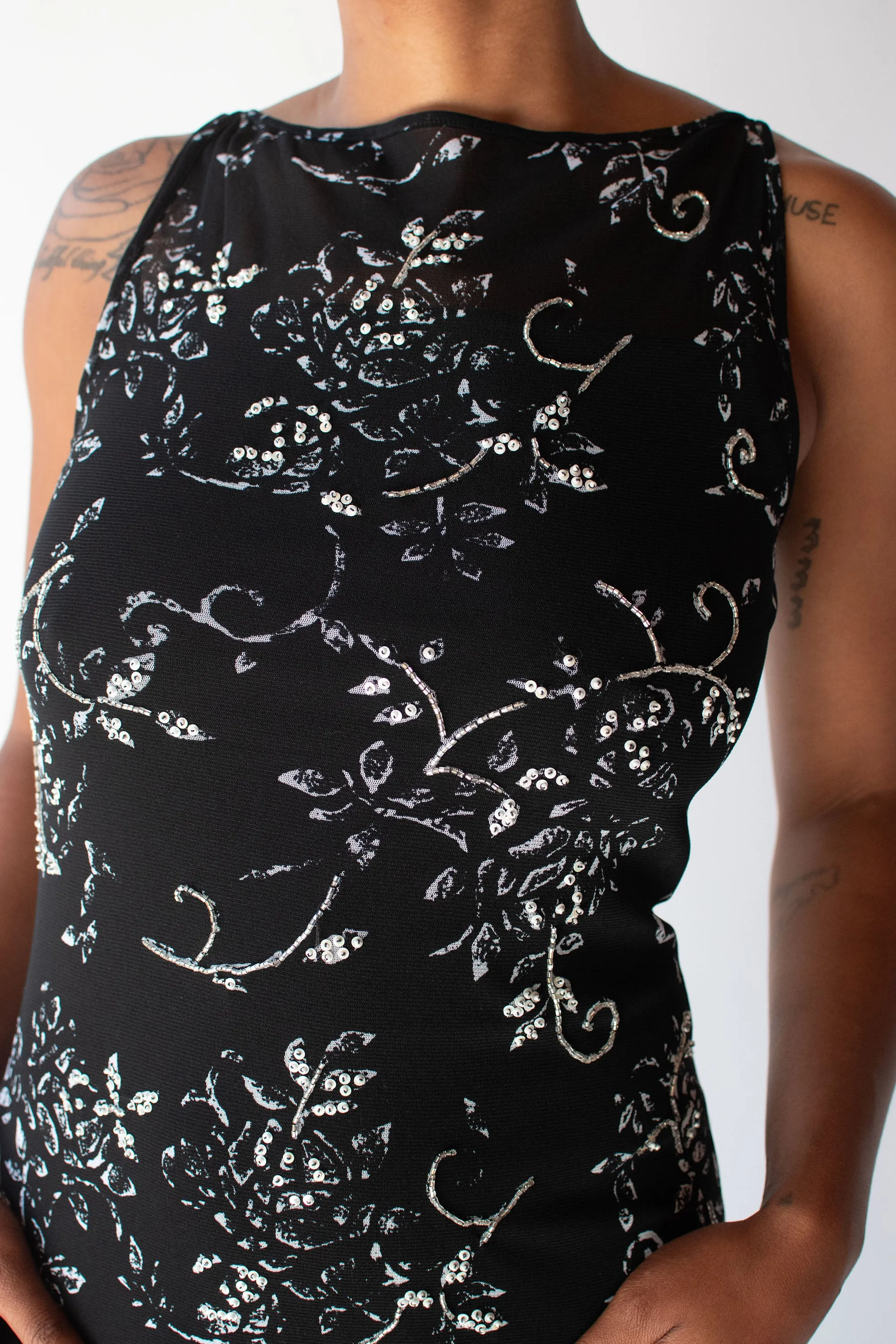 1990s Black and white Beaded Mesh Dress | Vivienne Tam