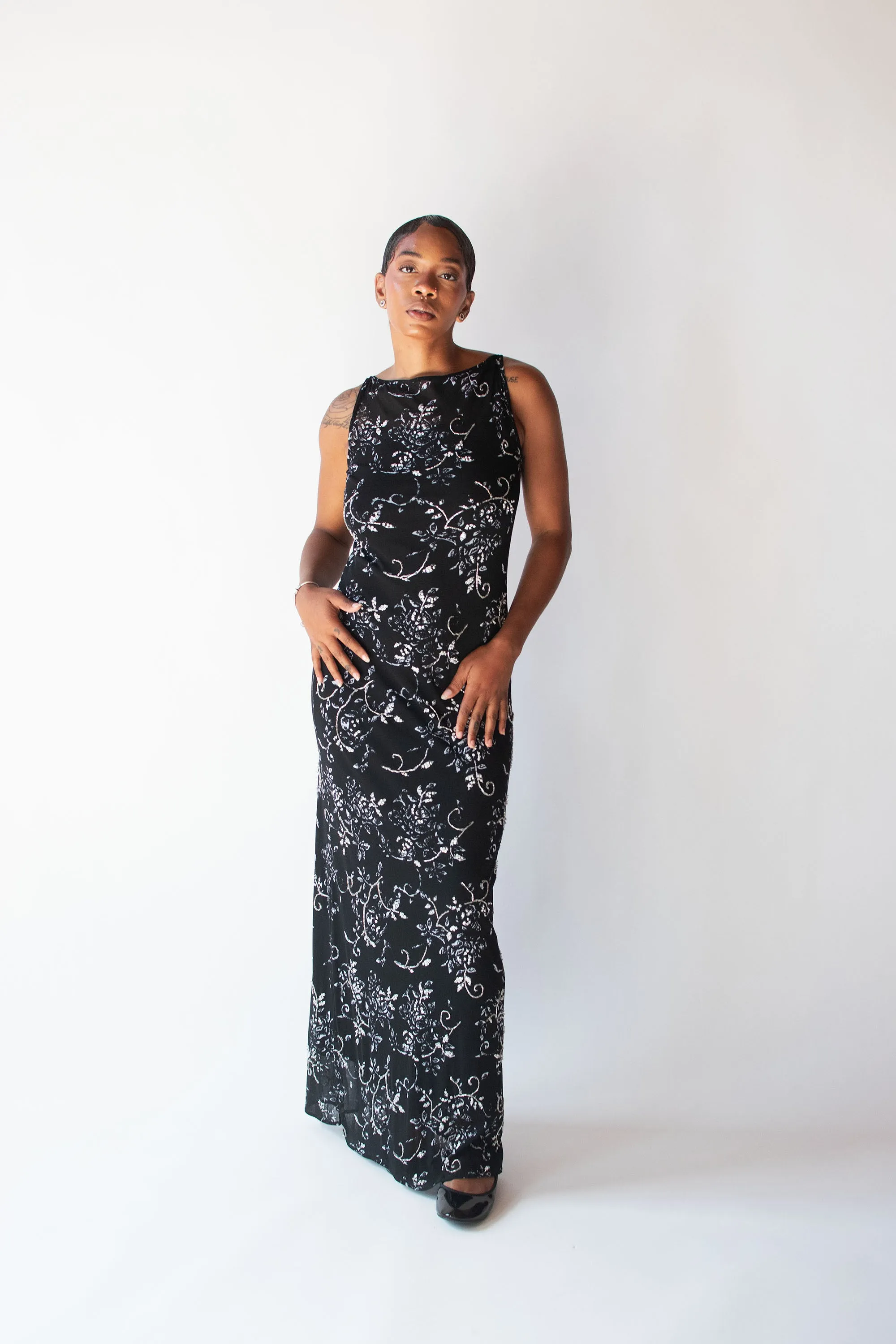 1990s Black and white Beaded Mesh Dress | Vivienne Tam