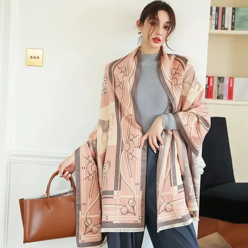 2024 Women Winter Cashmere Scarf Design Print Horse Shawl Wrap Design Print Pashmina Warm Scarves Thick Blanket Female Echarpe