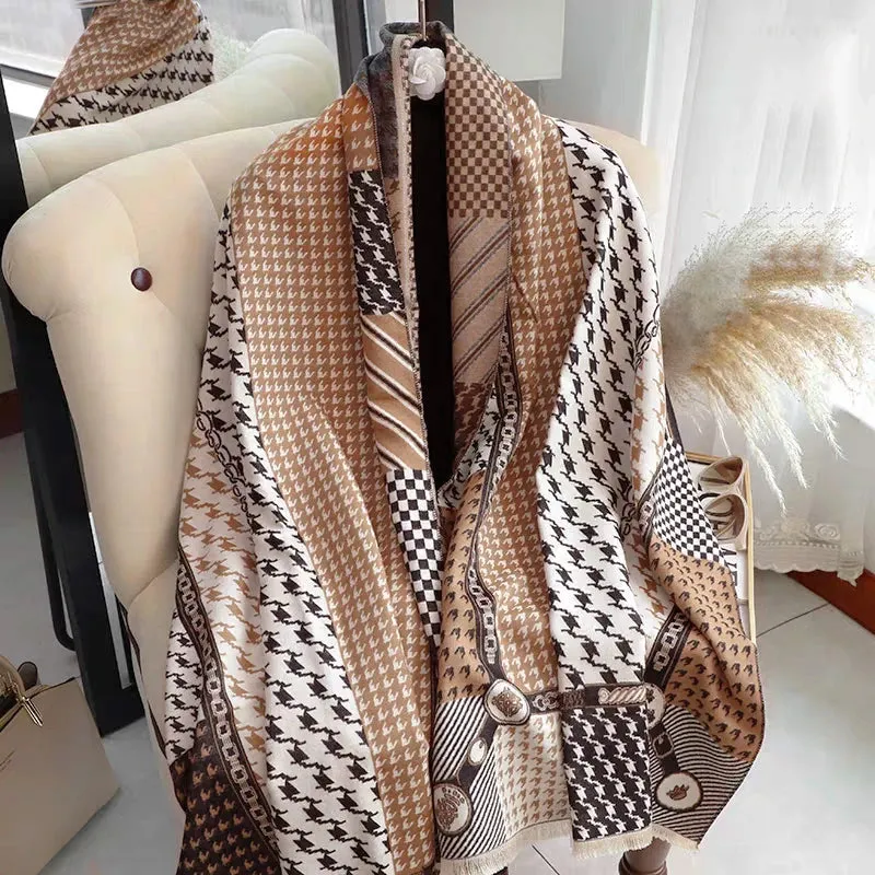 2024 Women Winter Cashmere Scarf Design Print Horse Shawl Wrap Design Print Pashmina Warm Scarves Thick Blanket Female Echarpe