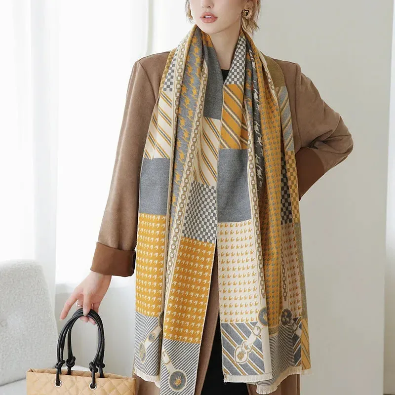 2024 Women Winter Cashmere Scarf Design Print Horse Shawl Wrap Design Print Pashmina Warm Scarves Thick Blanket Female Echarpe