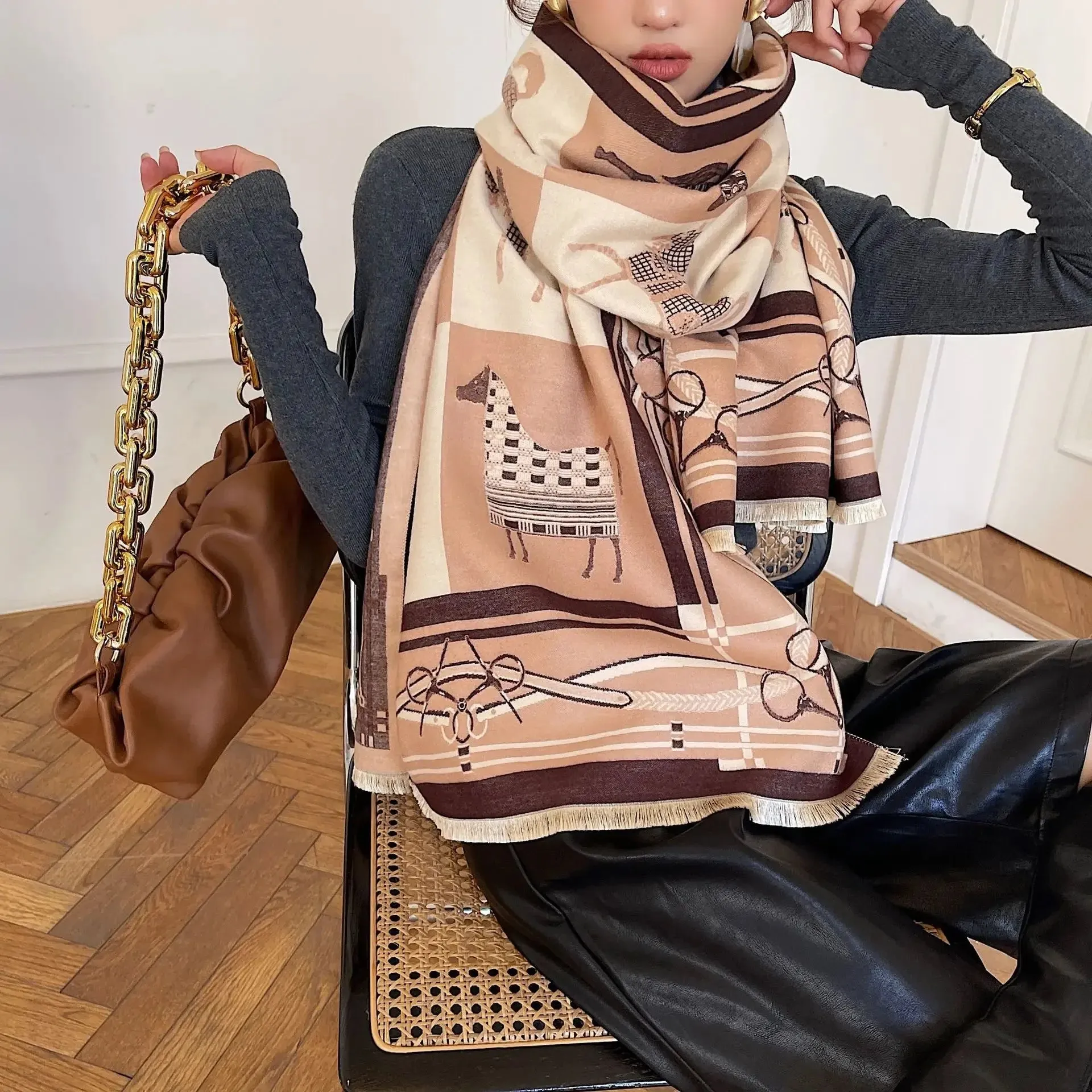 2024 Women Winter Cashmere Scarf Design Print Horse Shawl Wrap Design Print Pashmina Warm Scarves Thick Blanket Female Echarpe