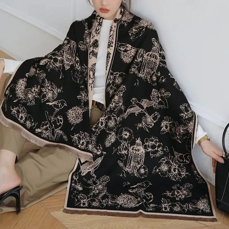 2024 Women Winter Cashmere Scarf Design Print Horse Shawl Wrap Design Print Pashmina Warm Scarves Thick Blanket Female Echarpe