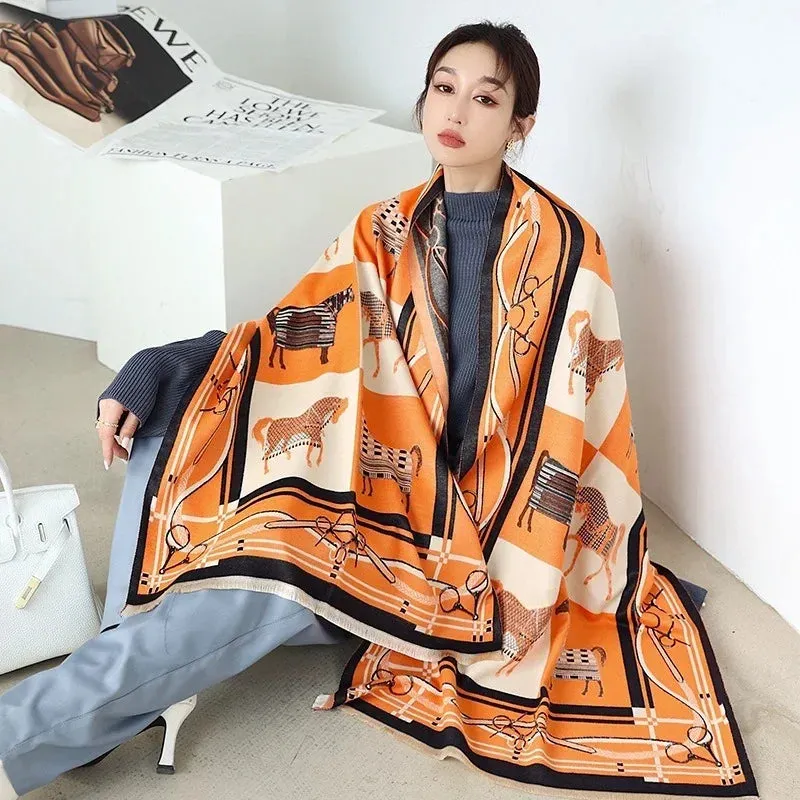 2024 Women Winter Cashmere Scarf Design Print Horse Shawl Wrap Design Print Pashmina Warm Scarves Thick Blanket Female Echarpe
