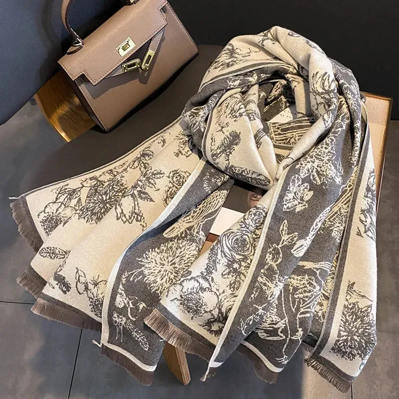 2024 Women Winter Cashmere Scarf Design Print Horse Shawl Wrap Design Print Pashmina Warm Scarves Thick Blanket Female Echarpe
