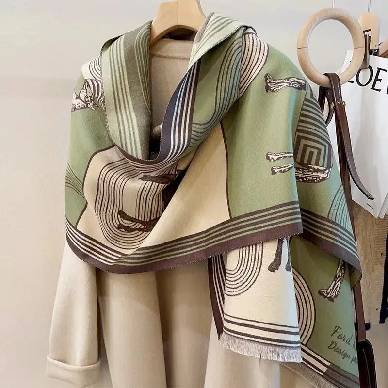 2024 Women Winter Cashmere Scarf Design Print Horse Shawl Wrap Design Print Pashmina Warm Scarves Thick Blanket Female Echarpe
