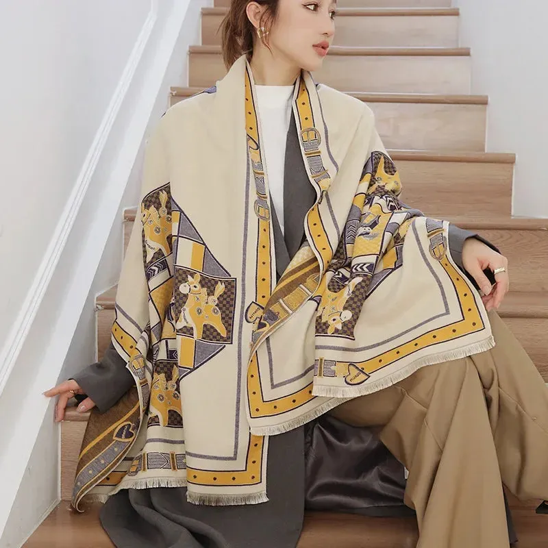 2024 Women Winter Cashmere Scarf Design Print Horse Shawl Wrap Design Print Pashmina Warm Scarves Thick Blanket Female Echarpe