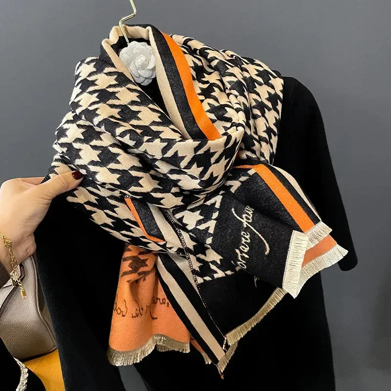 2024 Women Winter Cashmere Scarf Design Print Horse Shawl Wrap Design Print Pashmina Warm Scarves Thick Blanket Female Echarpe