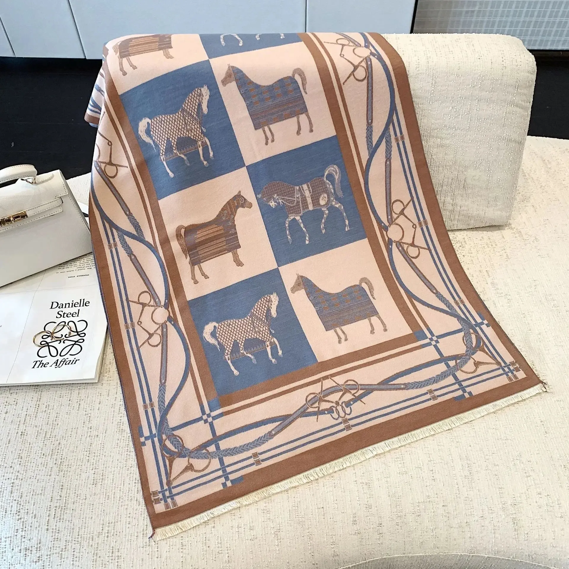 2024 Women Winter Cashmere Scarf Design Print Horse Shawl Wrap Design Print Pashmina Warm Scarves Thick Blanket Female Echarpe