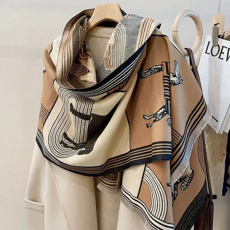 2024 Women Winter Cashmere Scarf Design Print Horse Shawl Wrap Design Print Pashmina Warm Scarves Thick Blanket Female Echarpe
