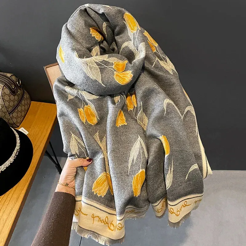 2024 Women Winter Cashmere Scarf Design Print Horse Shawl Wrap Design Print Pashmina Warm Scarves Thick Blanket Female Echarpe