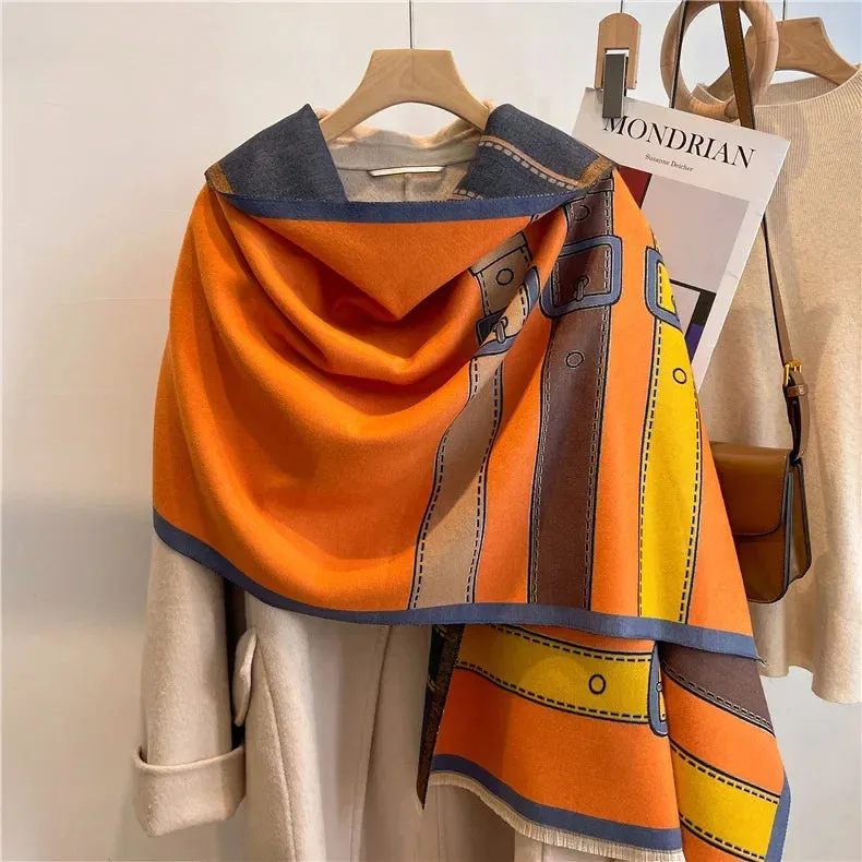 2024 Women Winter Cashmere Scarf Design Print Horse Shawl Wrap Design Print Pashmina Warm Scarves Thick Blanket Female Echarpe