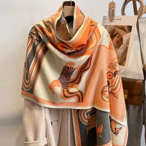 2024 Women Winter Cashmere Scarf Design Print Horse Shawl Wrap Design Print Pashmina Warm Scarves Thick Blanket Female Echarpe