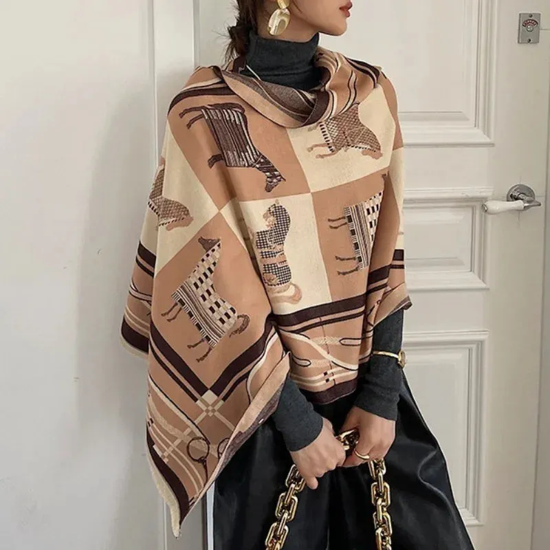 2024 Women Winter Cashmere Scarf Design Print Horse Shawl Wrap Design Print Pashmina Warm Scarves Thick Blanket Female Echarpe