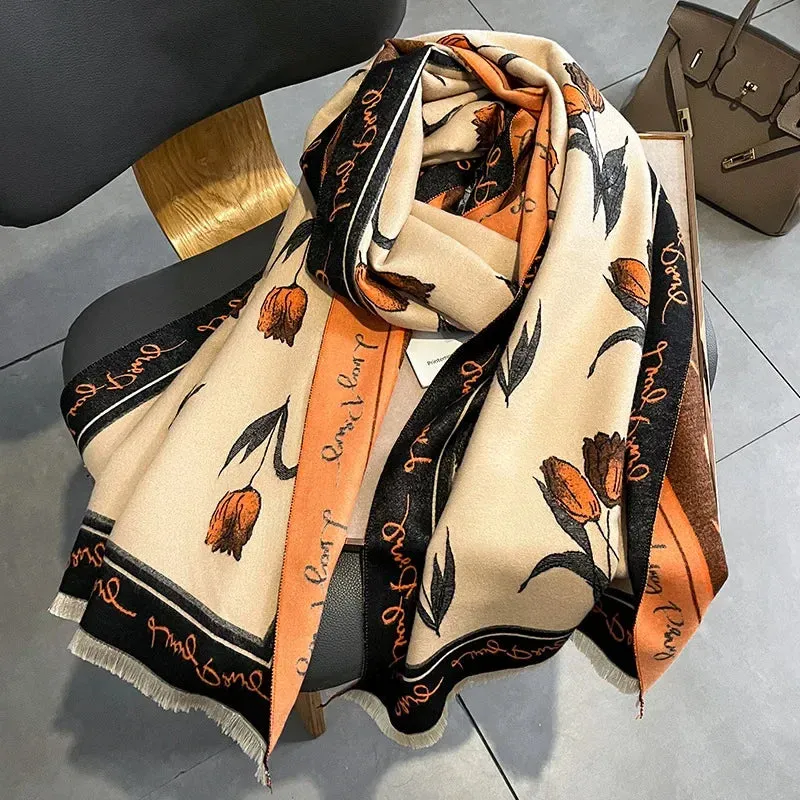 2024 Women Winter Cashmere Scarf Design Print Horse Shawl Wrap Design Print Pashmina Warm Scarves Thick Blanket Female Echarpe
