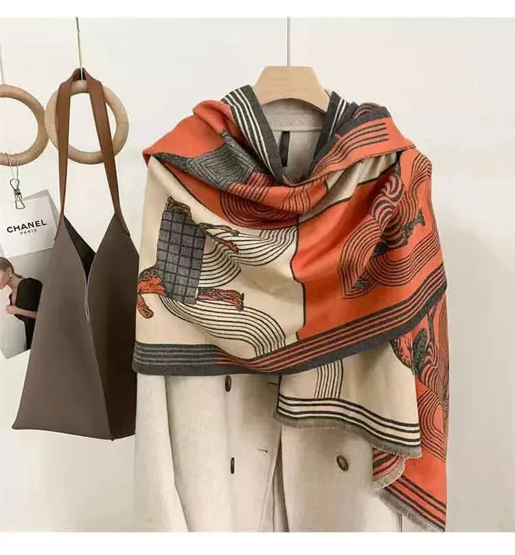2024 Women Winter Cashmere Scarf Design Print Horse Shawl Wrap Design Print Pashmina Warm Scarves Thick Blanket Female Echarpe