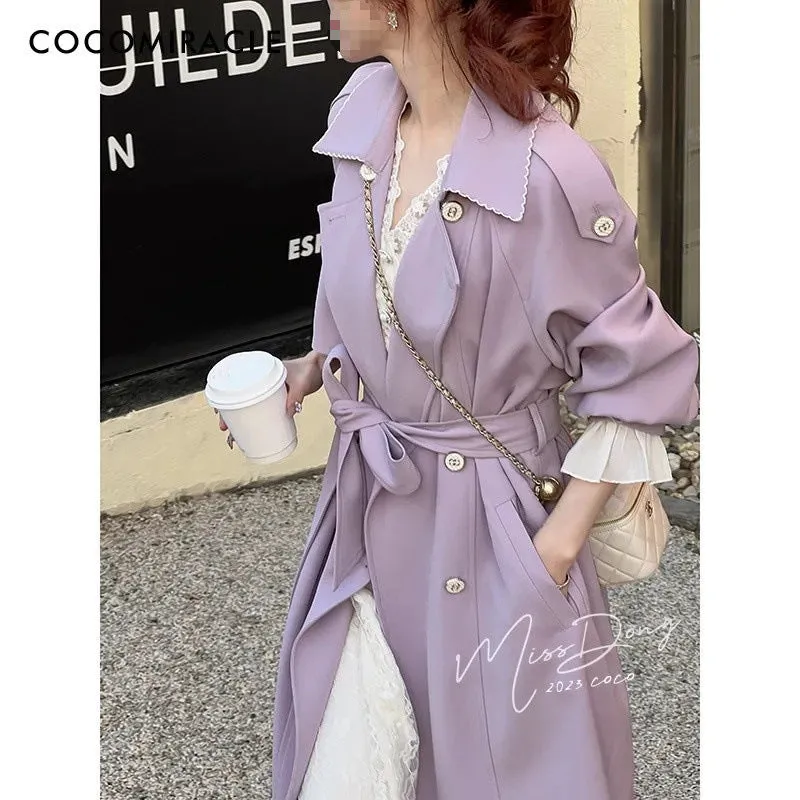 2025 Spring/Autumn New Women's Purple Windbreaker Jacket - Korean Fashion, Casual Loose Mid-Length Double-Breasted Coat