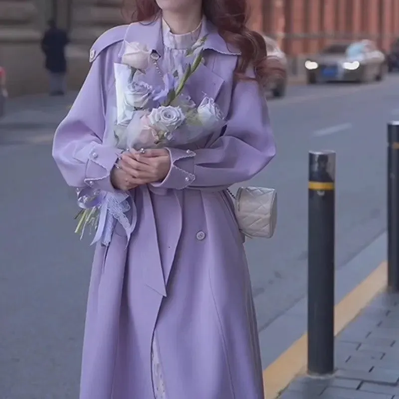 2025 Spring/Autumn New Women's Purple Windbreaker Jacket - Korean Fashion, Casual Loose Mid-Length Double-Breasted Coat