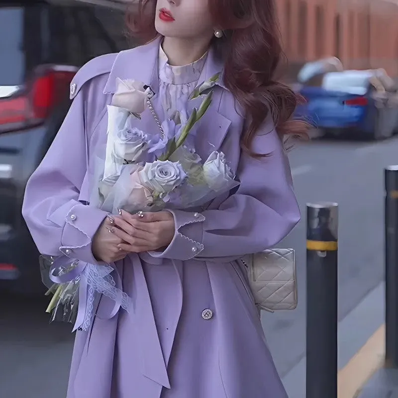 2025 Spring/Autumn New Women's Purple Windbreaker Jacket - Korean Fashion, Casual Loose Mid-Length Double-Breasted Coat