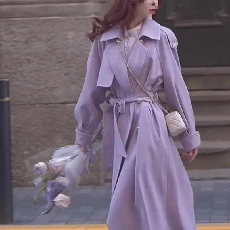 2025 Spring/Autumn New Women's Purple Windbreaker Jacket - Korean Fashion, Casual Loose Mid-Length Double-Breasted Coat