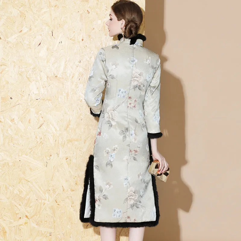 3/4 Sleeve Floral Brocade Fur Edge Knee Length Cheongsam Wadded Chinese Dress