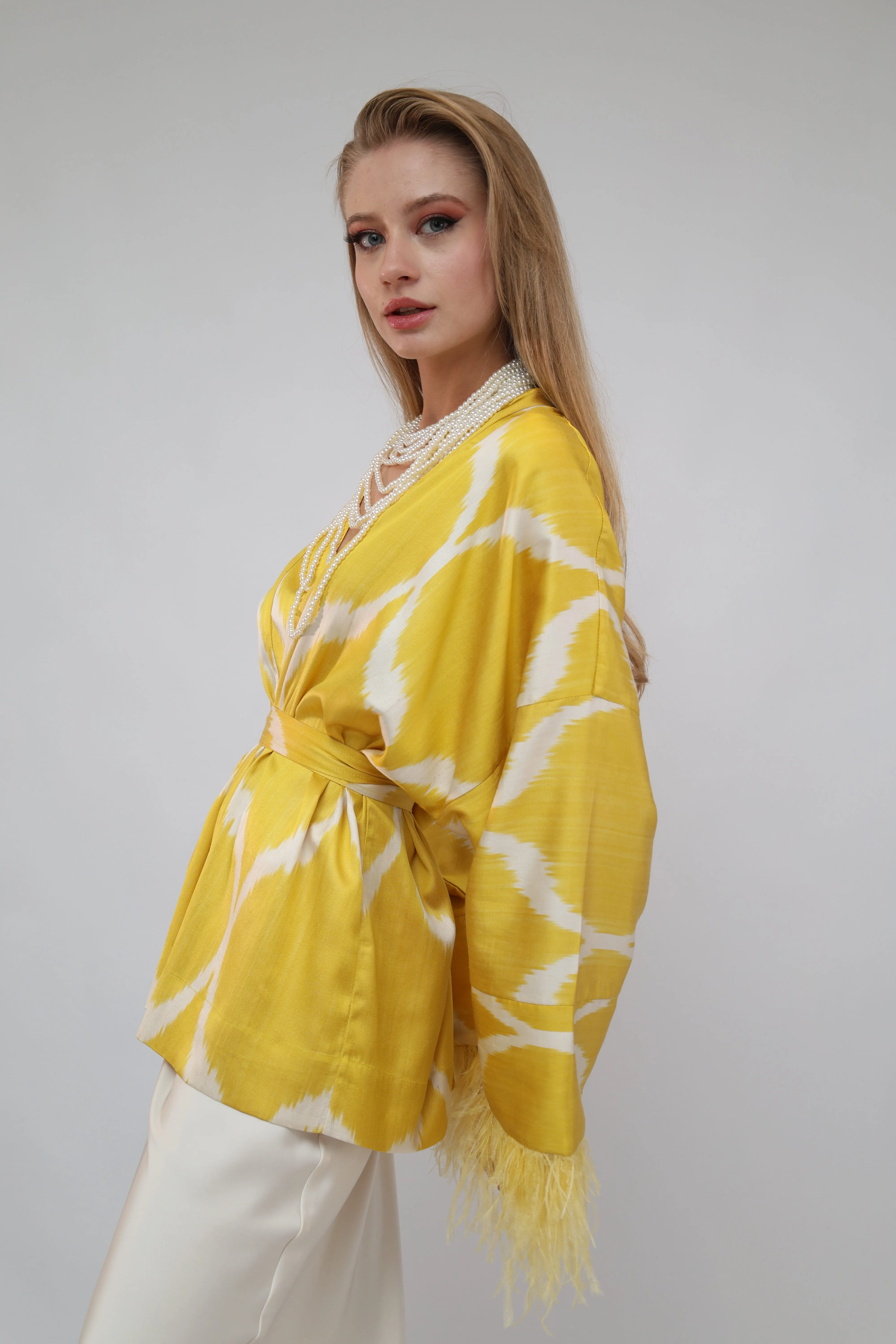 85 % Silk Yellow Mini Kimono With Feathers