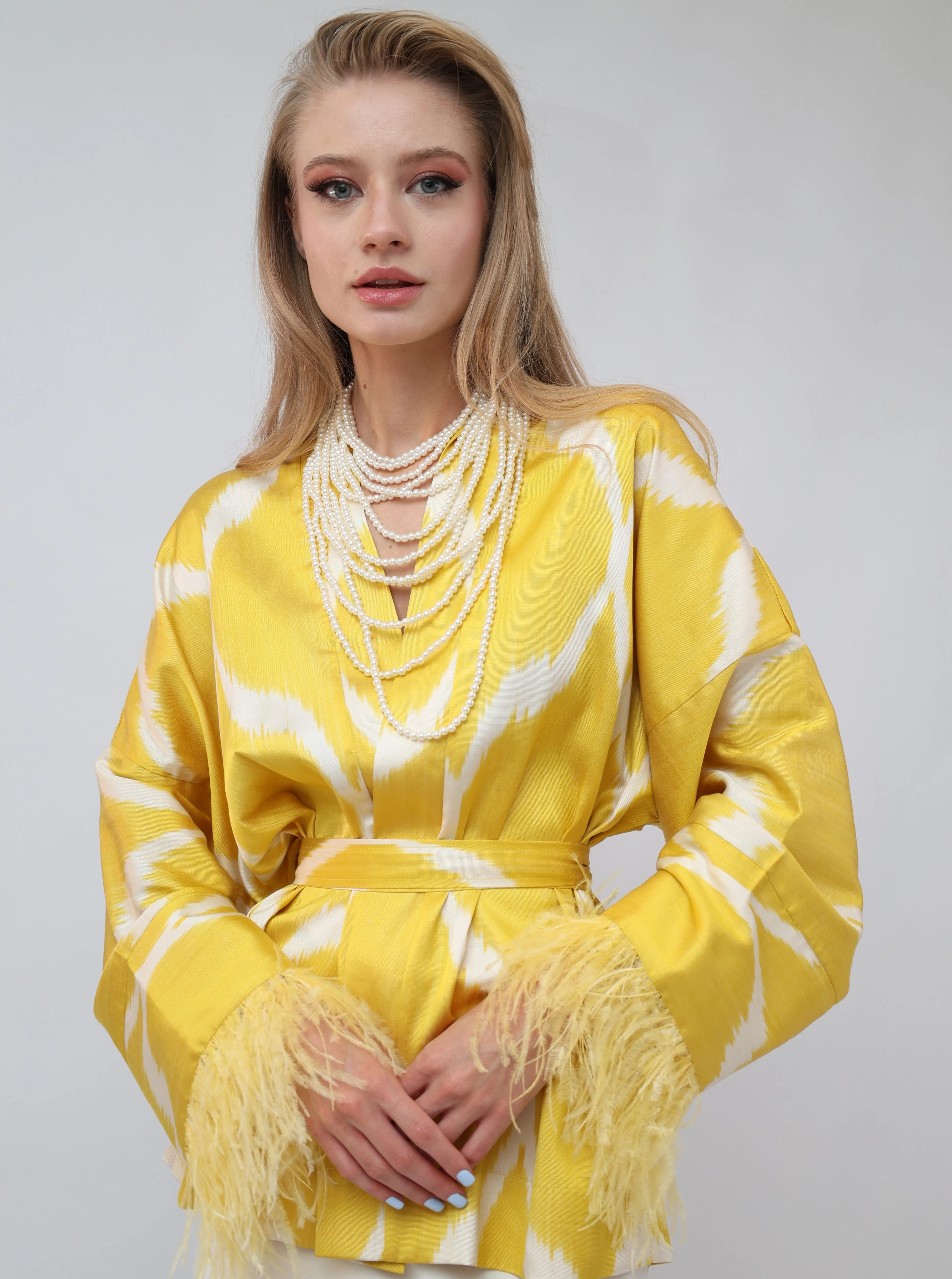 85 % Silk Yellow Mini Kimono With Feathers