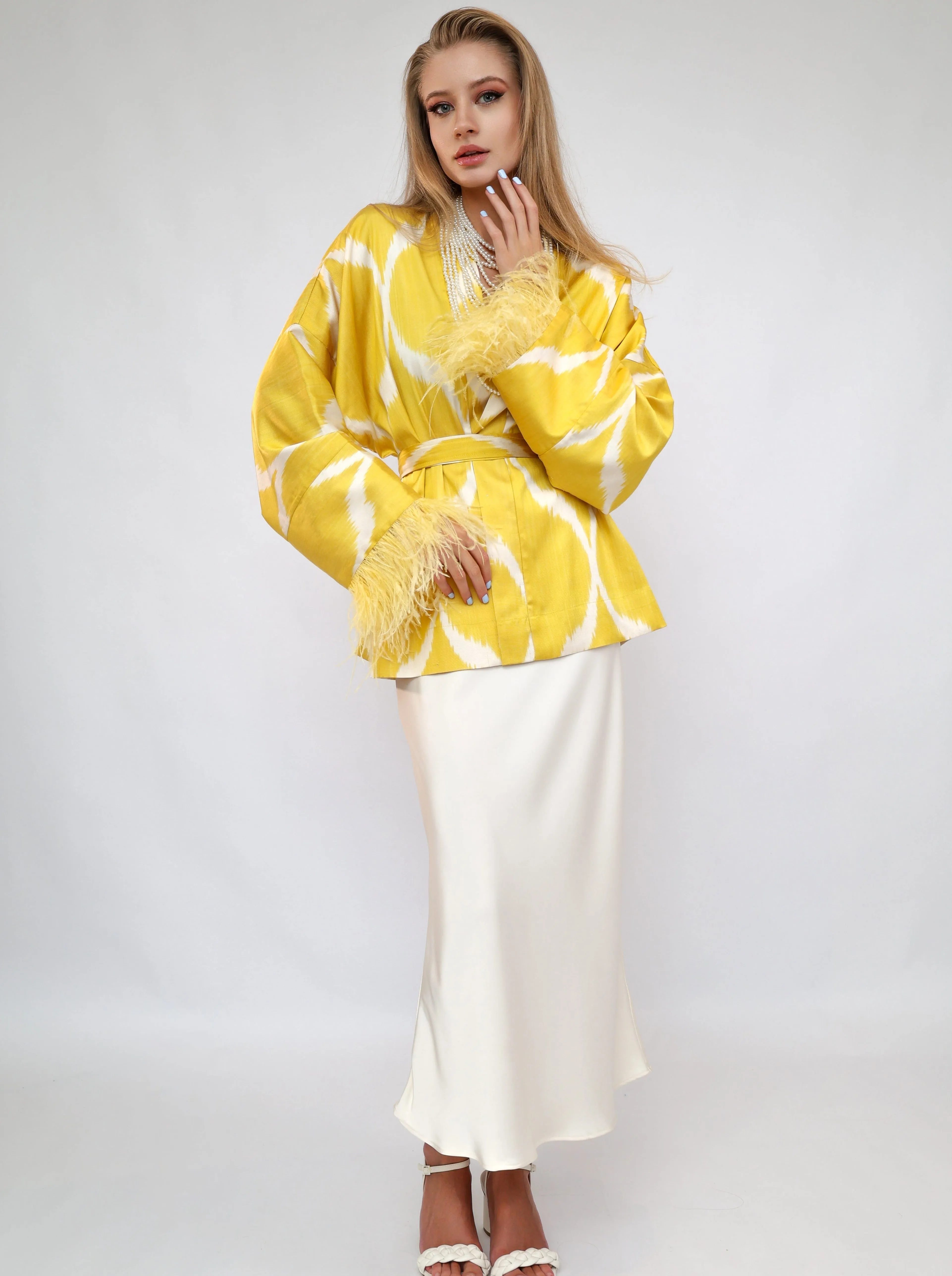 85 % Silk Yellow Mini Kimono With Feathers