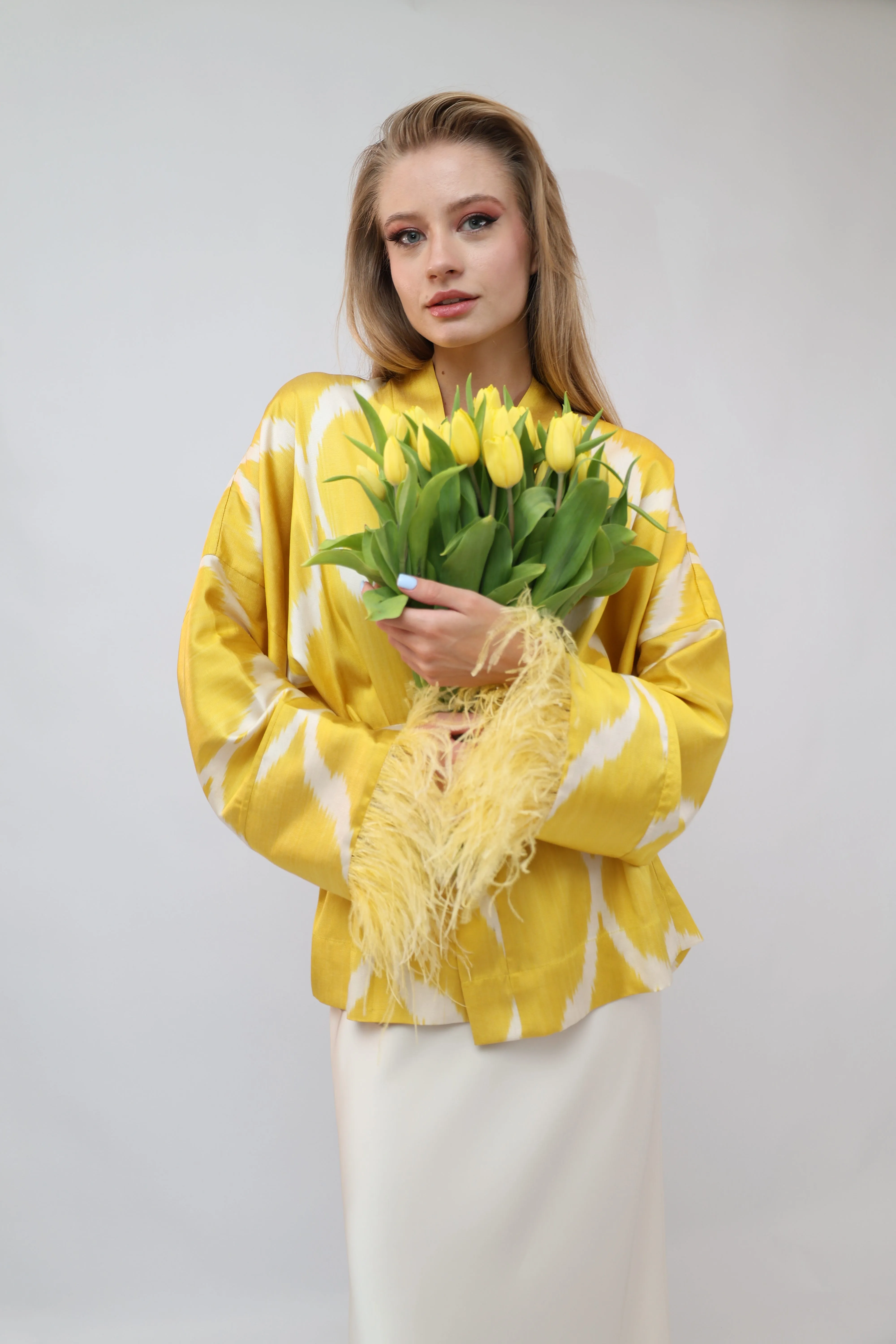 85 % Silk Yellow Mini Kimono With Feathers