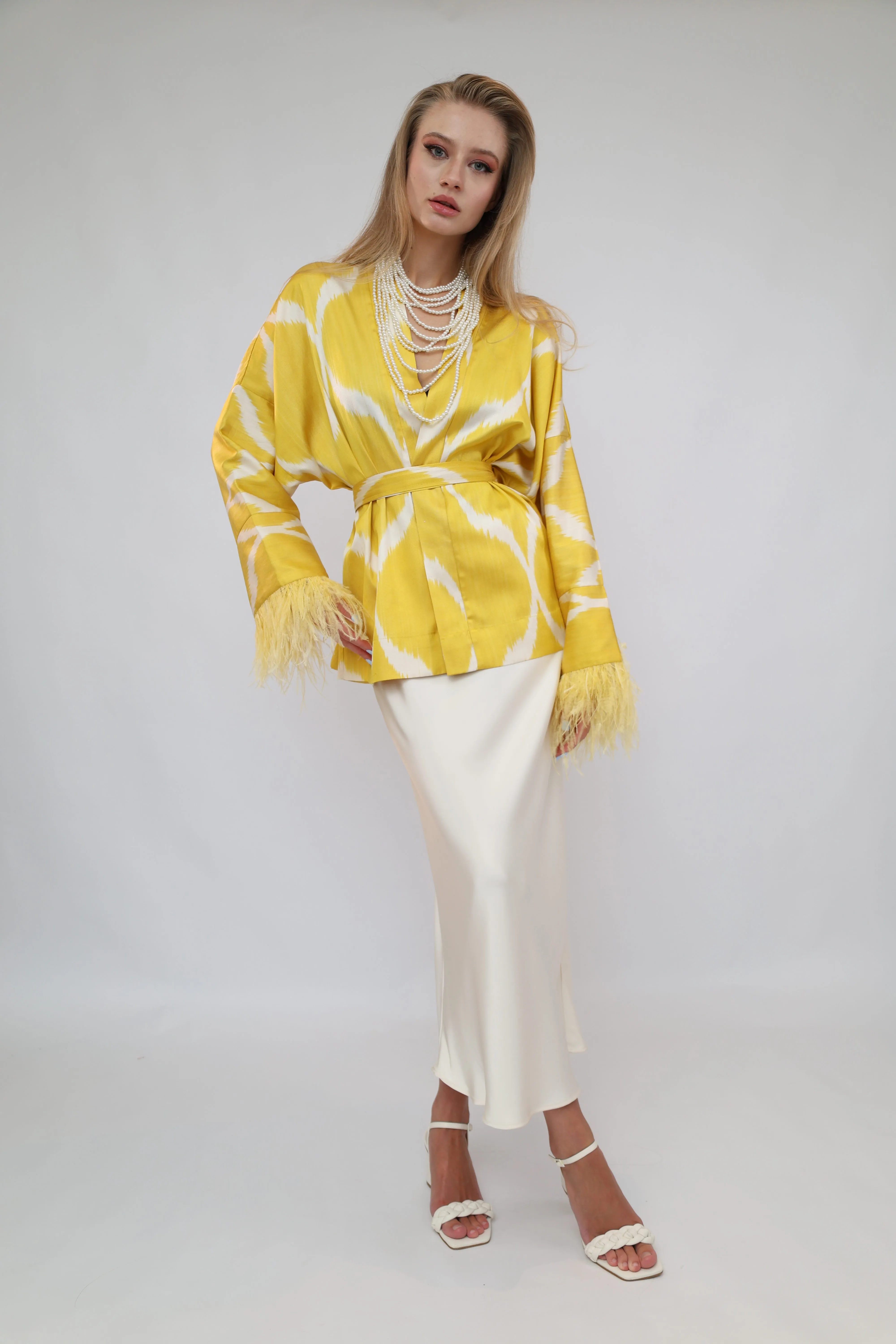 85 % Silk Yellow Mini Kimono With Feathers