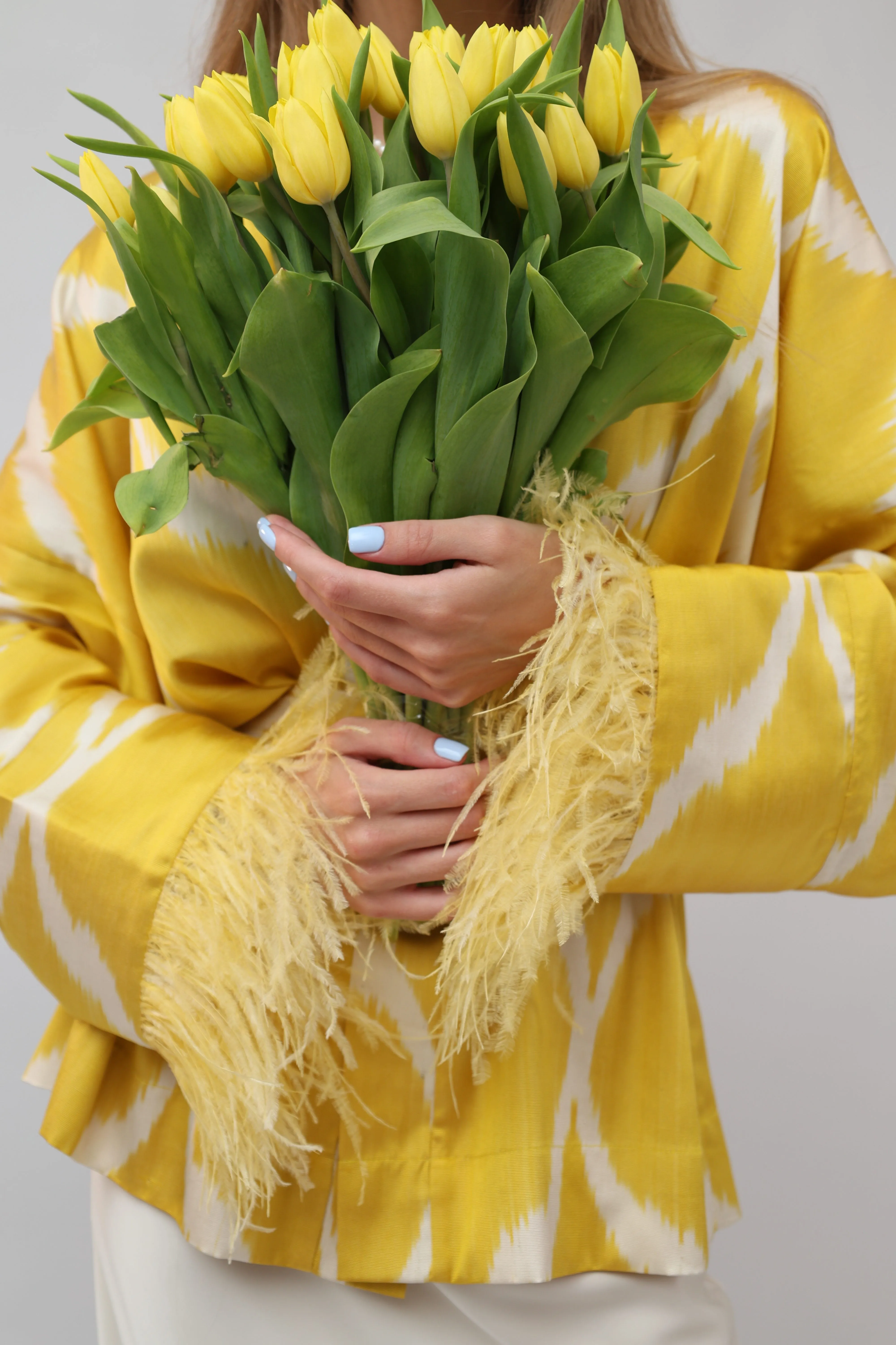 85 % Silk Yellow Mini Kimono With Feathers